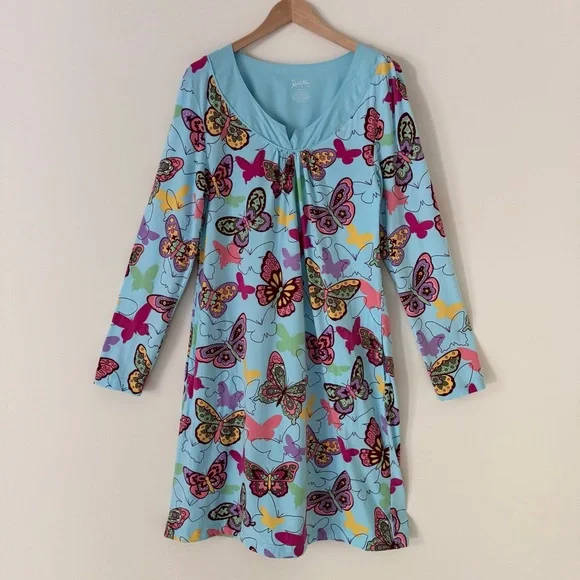 Nick & Nora Sleepshirt Nightgown Butterflies Blue Long Sleeve Pockets Size Large - Picture 10 of 10